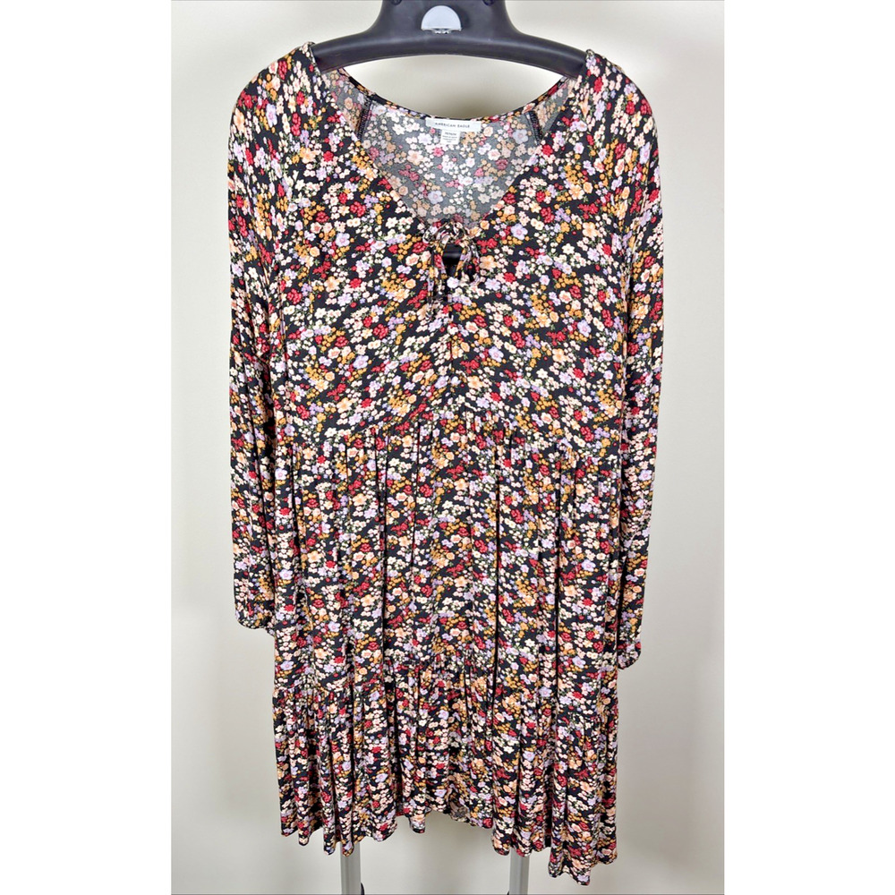 American Eagle Floral Boho Babydoll Ruffled Dress Long Sleeve V-Neck Women's M